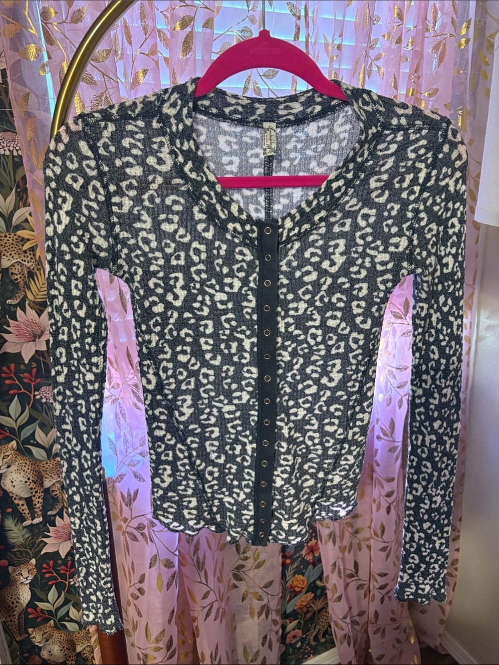 Free People Black and White Leopard-Print Snap-Front Long Sleeve Top